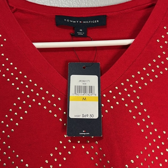 TOMMY HILFIGER Red Stud Embellished V Neck Sweater - Picture 5 of 6